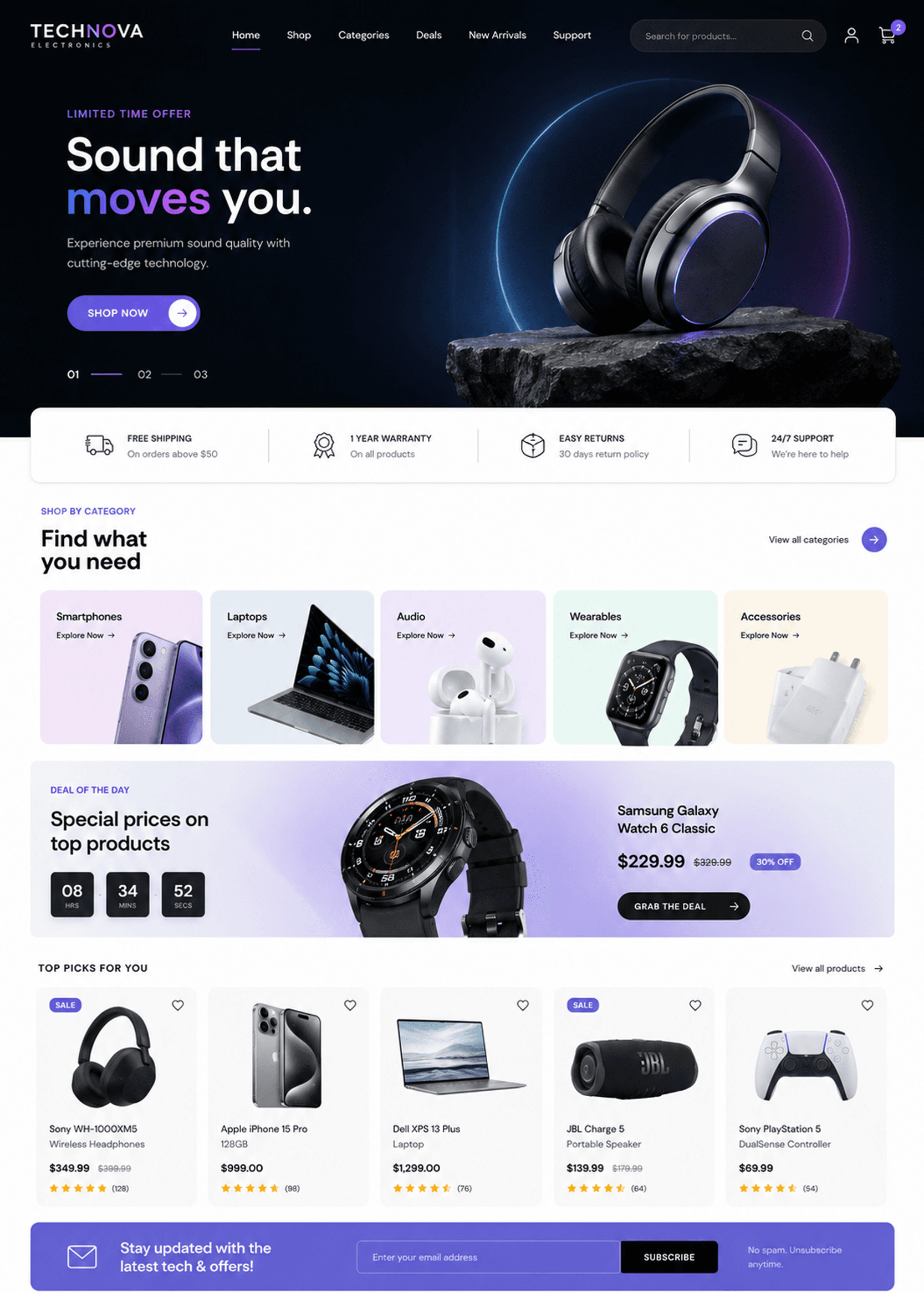 Electronics storefront theme preview, dark